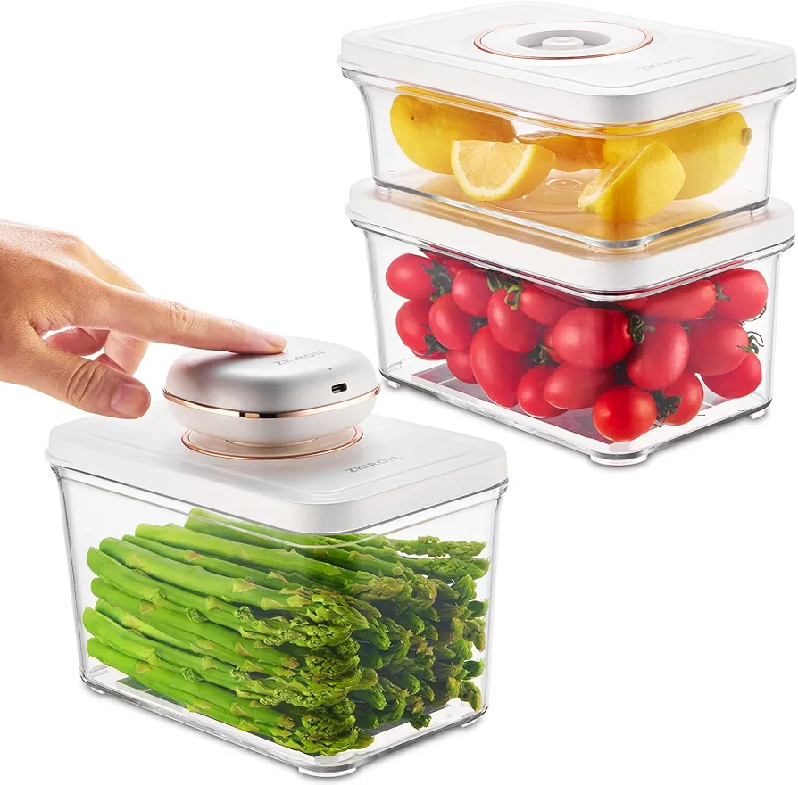 FreshLock Food Storage Containers & Vacuum Sealer Machine Starter Set, 3-piece Container with Sealer - Smart One-Touch Vacuum Preservation, Leak-proof, Anti-Oxidation, 3 Sizes.