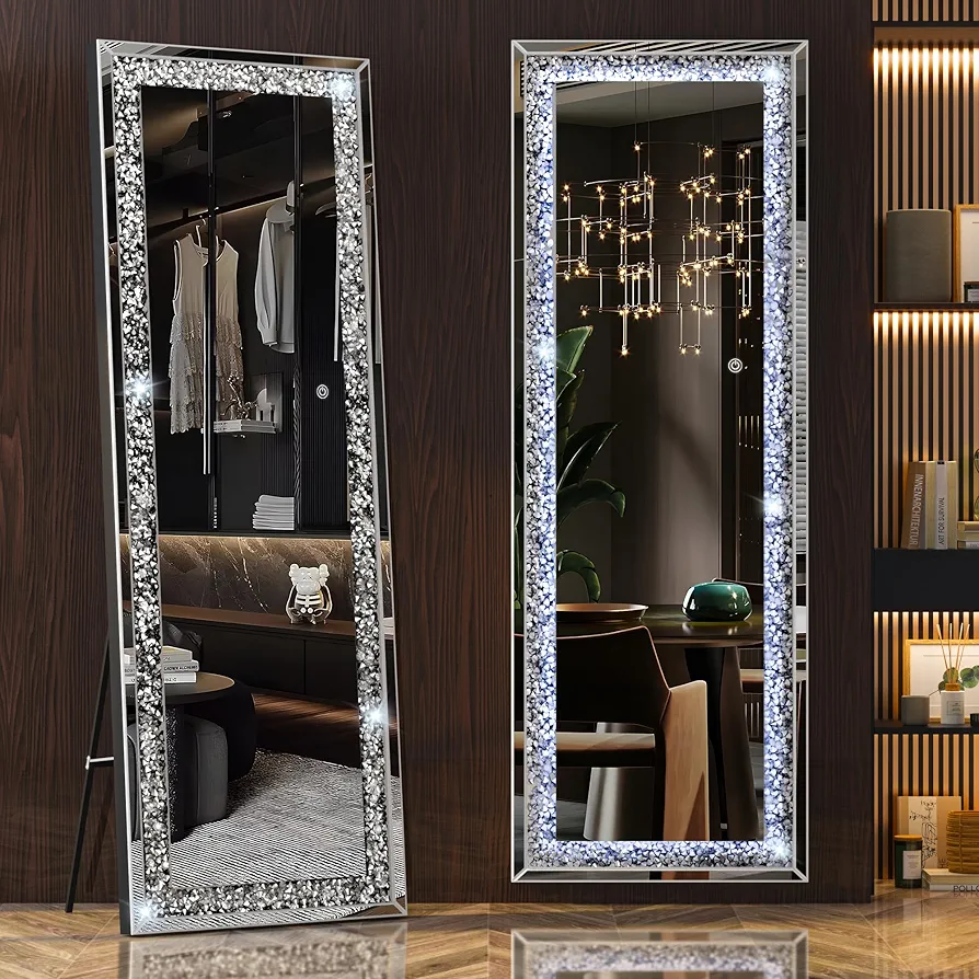 Hasipu Full-Length Mirror 63”×20” with Lights and Crystal Crush Diamond, Wall Mounted Hanging Diamond Mirror Leaning for Living Room Bedroom