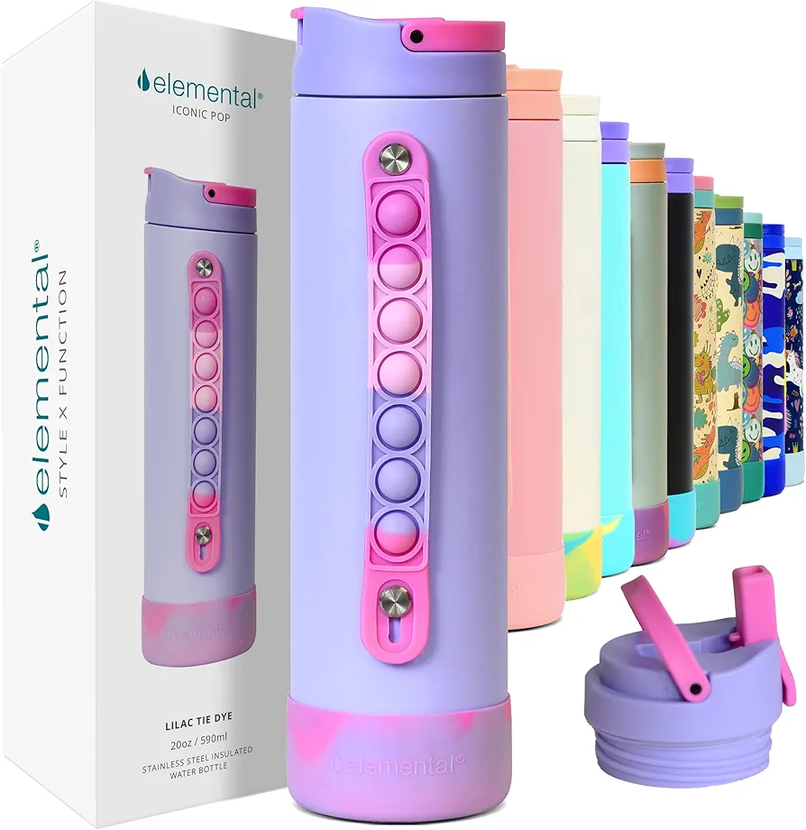 Elemental Iconic Kids Water Bottle with Straw Lid & Stress Reliever Pop It Handle, Leak-Proof When Closed, Triple Insulated Stainless Steel Reusable Thermos Water Bottle, 20oz - Lilac Tie Dye