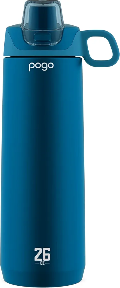 Pogo Active Vacuum Insulated Stainless Steel Water Bottle with Leak Proof Chug Lid and Silicone Carry Loop, Powdercoat, Poseidon, 26 oz