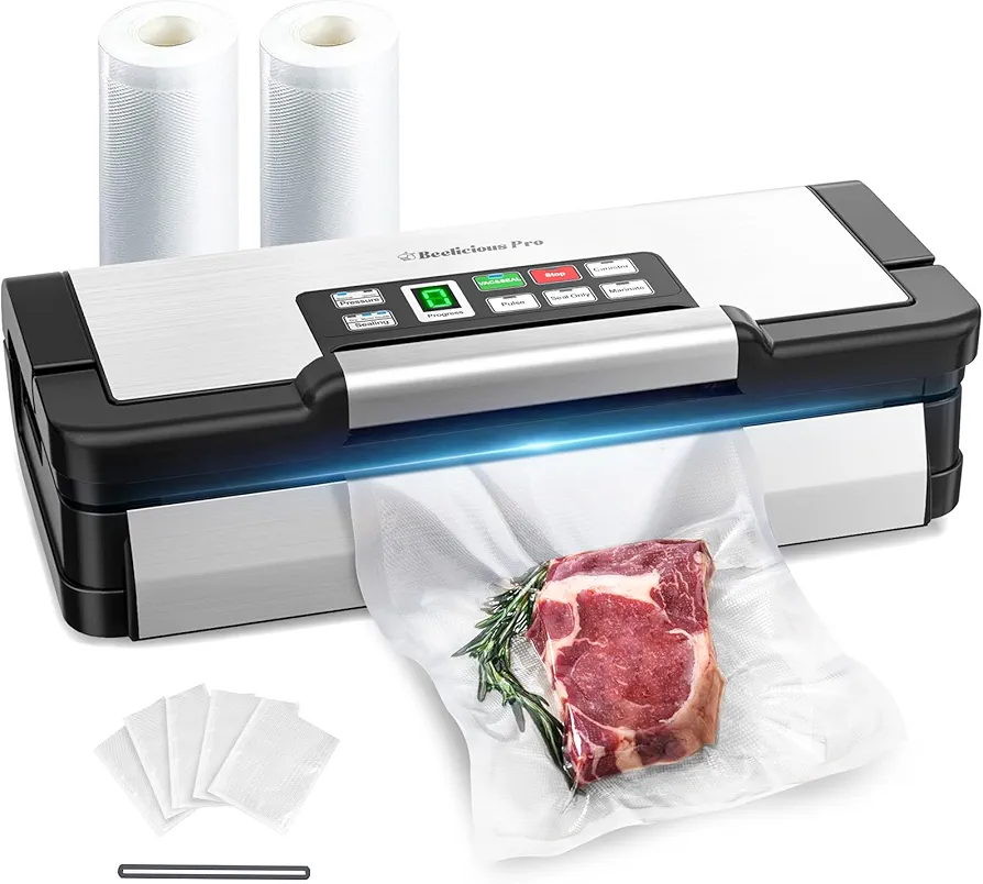 90Kpa Powerful Vacuum Sealer, with 10-in-1 Functions,Double Seal & Double Pump,Built-in Cutter&Hose,Handle-Ease Design, Vacuum Sealer Machine for Food with Bags Storage, Stainless Steel