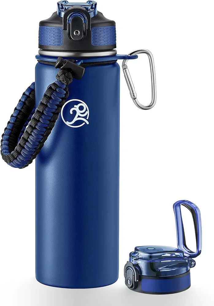 GOSWAG Insulated Sports Water Bottle, 24oz 2 Lids(with Straw/No Straw), Stainless Steel Water Bottles with Paracord Handle, Insulated Thermos with Double-Wall Vacuum Insulation