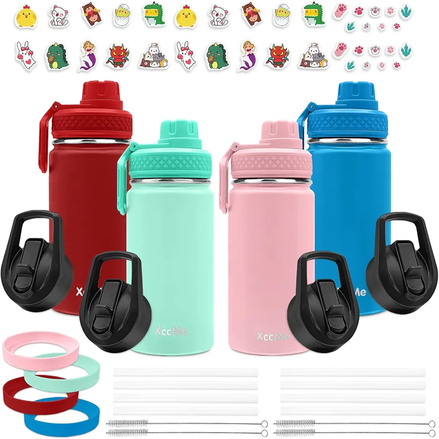 16 oz Kids Stainless Steel Thermos, 4 Pack, Double Wall Vacuum Insulation, BPA Free, Straw Lid, Includes Straw Brush & Stickers