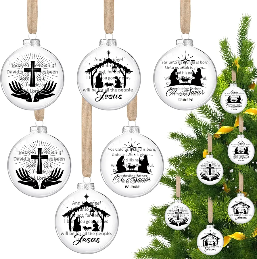 Remuuly 6 Pcs Christmas Nativity Scene Hanging Ornament 3.15 Inches Jesus Silhouette Glass Ornament A Savior is Born Religious Christian Ornaments for Xmas Tree Home Office Holiday Church Gift Decor