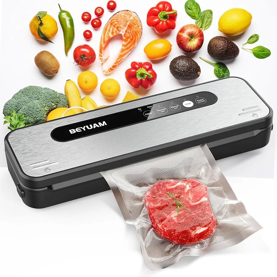 Vacuum Sealer Machine -85KPA Food Vacuum Sealer - 5 in1 Food Sealer Vacuum Sealer with Dry&Moist Modes, Includes 15PCS Storage Bags, 1 Air Suction Hose, 1Cutter