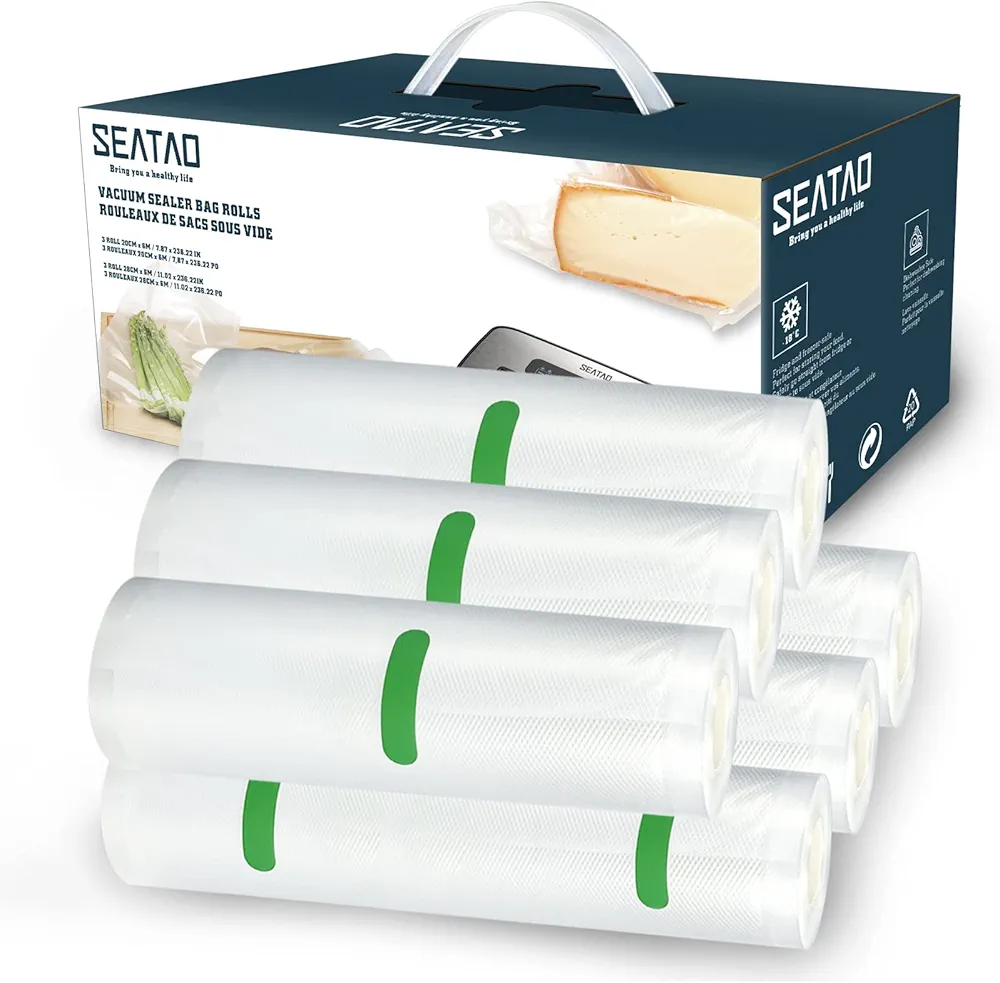Vacuum Sealer Bags, SEATAO 6 Pack 3 Rolls 11"x20' and 3 Rolls 8"x20' vacuum seal bags for food, Environmentally Friendly Degradable Material, Mircowave & Freezer, Sous Vide cooking