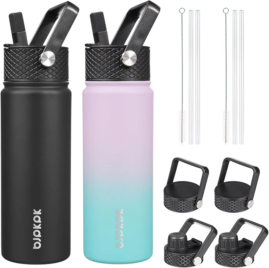 BJPKPK 2 Pack Insulated Water Bottles with Straw Lids, 22oz Stainless Steel Metal Water Bottle with 6 Lids, Leak Proof BPA Free Thermos, Cups, Flasks for Travel, Sports (Oasis+Black)