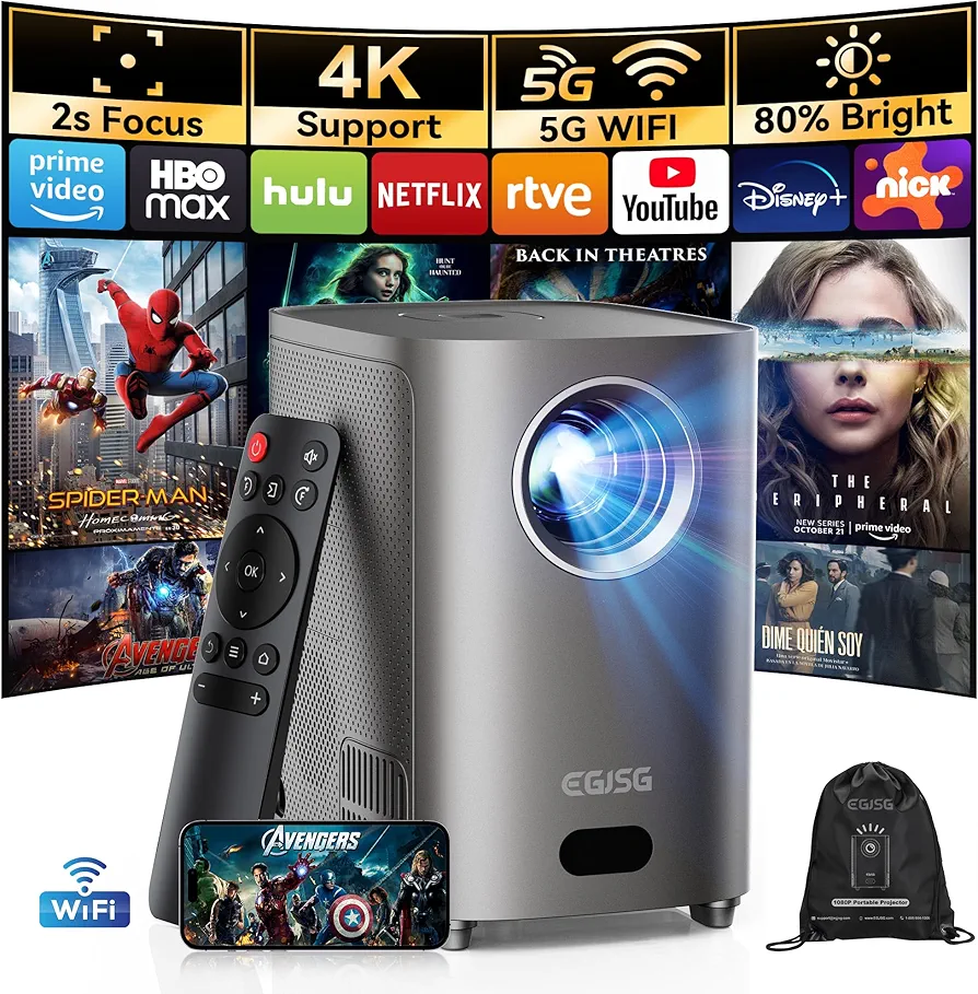 [One-Button Focus] Mini Projector with 5G WiFi and Bluetooth, 4K Outdoor Smart Projector with Carry Bag, Portable Movie Projector with Zoom, Home Theater Projector for Phone/TV Stick/PC (Gun gray)