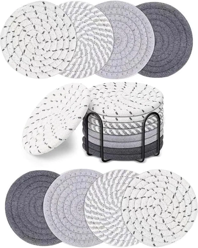Coasters for Drinks, Drink Coasters with Holder, 4 Colors Absorbent Cup Coasters, Cotton Coaster Set Woven Boho Coasters for Coffee Table Home Decor Tabletop Protection