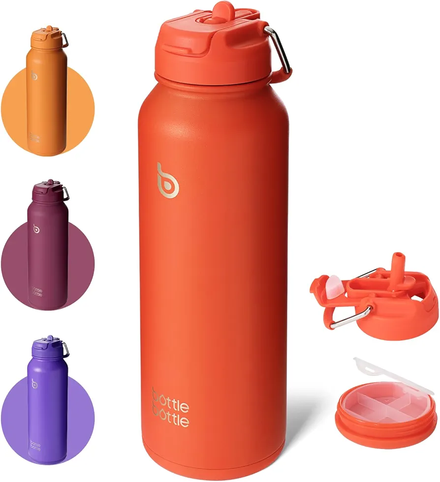 BOTTLE BOTTLE 40 oz sports water bottle stainless steel insulated water bottle with straw and pills holder (orangered)