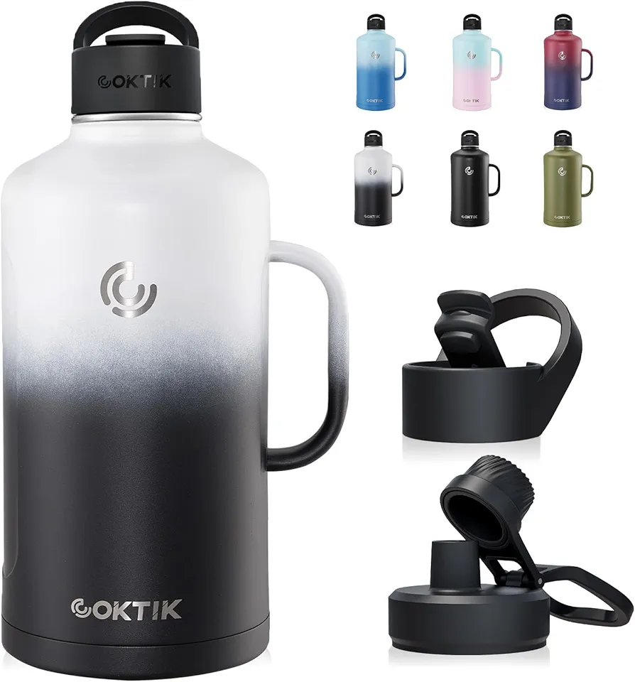 COKTIK 128oz Water Bottle with Handle, Vacumm Insulated Stainless Steel One Gallon Water Jug with Reusable 2 Lids for Sports, Fitness or Office(Day/Night)