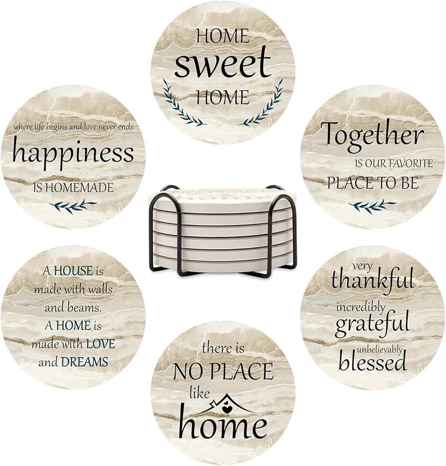 Best Housewarming Gifts for New Home Drink Ceramic Coasters Set of 6 Farmhouse Coffee Table Decor Outdoor Coaster Set with Holder Cup Coasters Decorative Christmas Home Gift for Family House
