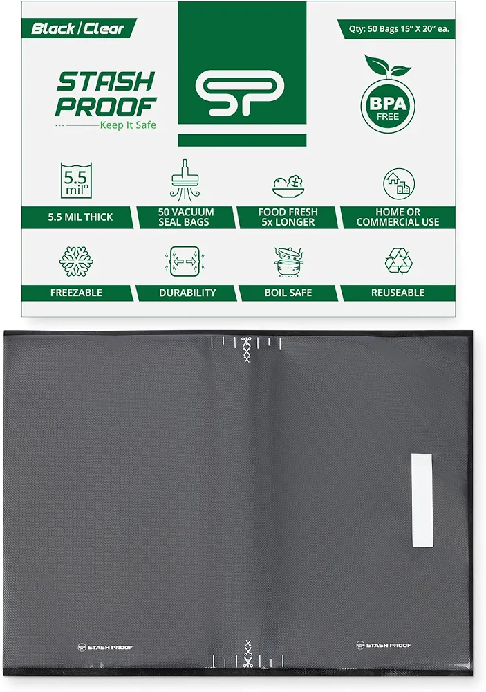 Vacuum Seal Bags 15" x 20" (50 Count) 5.5 Mil (Black and Clear) - BPA Free Commerical Grade Food Saver for Storage, Sous Vide, and Meal Prep Sealer Bag