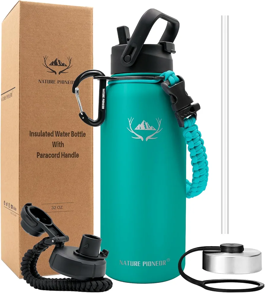 NATURE PIONEOR Insulated Water Bottles with Paracord Handle - 32 oz Vacuum Sports Wide Mouth Water Bottle with 3 Lids, Leak Proof Stainless Steel Keeps Hot and Cold