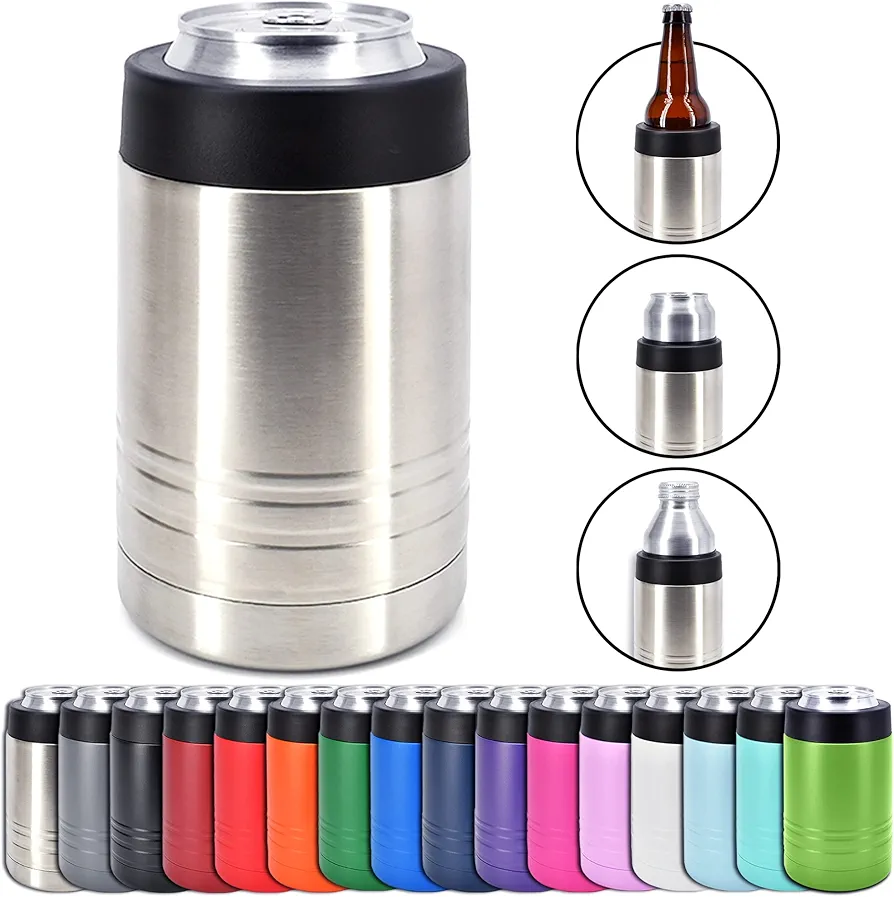 4-in-1 Stainless Steel 12 oz Double Wall Vacuum Insulated Can or Bottle Cooler Keeps Beverage Cold for Hours - Also Fits 16 oz Cans - Stainless Steel - Clear Water Home Goods