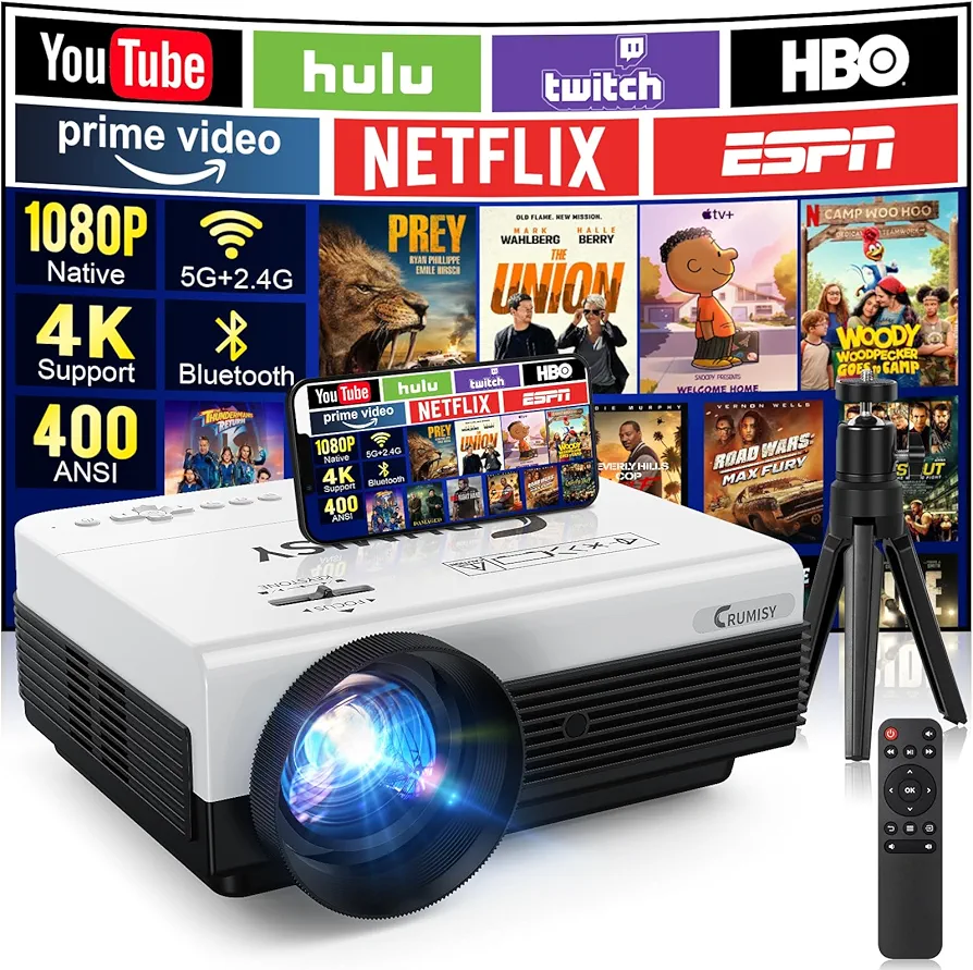 Projector with WiFi and Bluetooth,4K Support Outdoor Projector Native 1080P Video Projector,400 ANSI Home Theater Movie Projector with Speakers, 300'' Cast Mini Phone Projector for HDMI/IOS/TV Stick