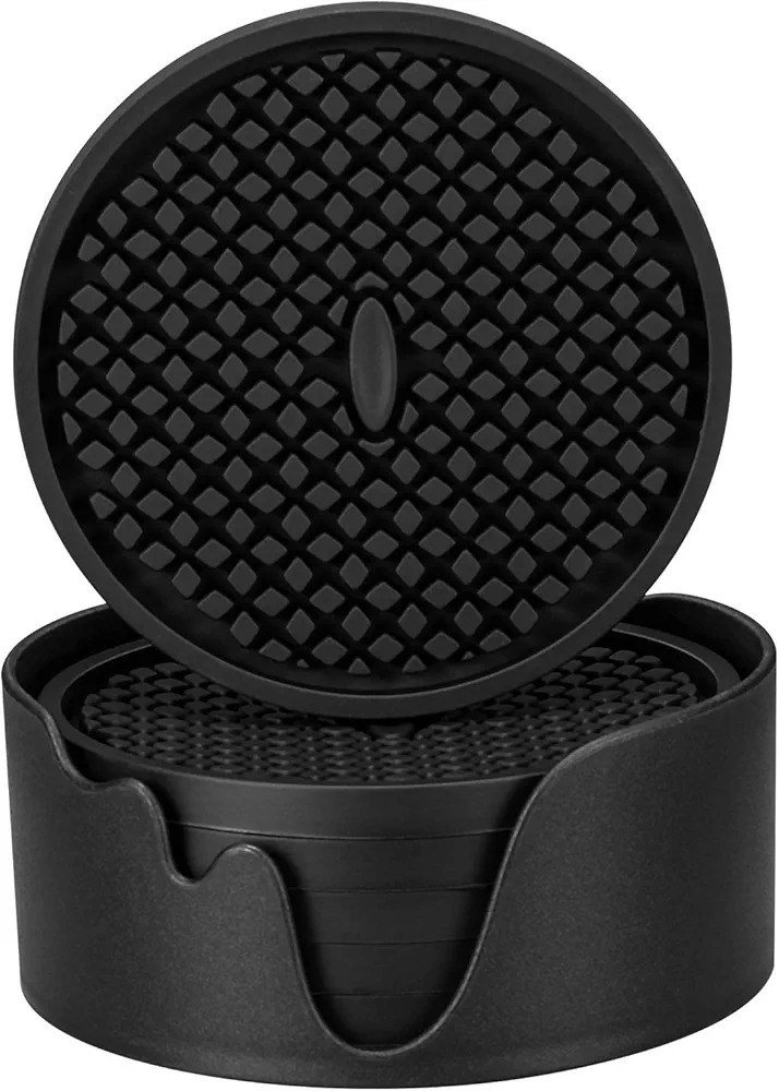 ME.FAN Silicone Coasters [6 Pack] Thickened Drink Coasters with Holder - Cup Mat - Non-Slip, Non-stick, Stay Put, Deep Tray - Prevents Furniture and Tabletop Damages(Black)