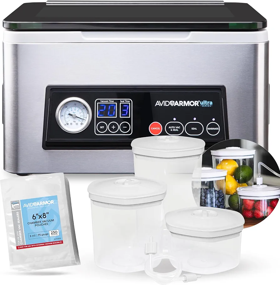 USV20 Chamber Vacuum Sealer with 3 pc Cannister Set and 100 Pack 6x8" Vacuum Pouches