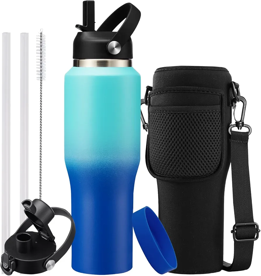 32 OZ Stainless-steel Tumblers Insulated Water Bottles - Cold 48H & Hot 24H, Leak-Proof Metal Water Flask with Sleeve, Protective Boot, BPA Free Vacuum Insulated 32 Oz Water Bottle Fits In Cup Holder