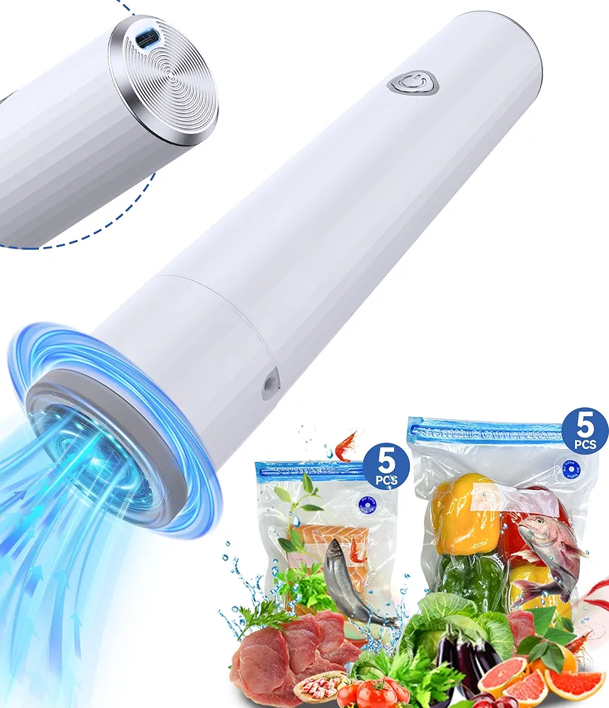 Portable Cordless Handheld Vacuum Sealer with Vacuum Bags - Automatic Pump for Food Preservation, Type-C Charging, Includes (1 Pump+ 5 Large Bags+ and 5 Medium Bags)