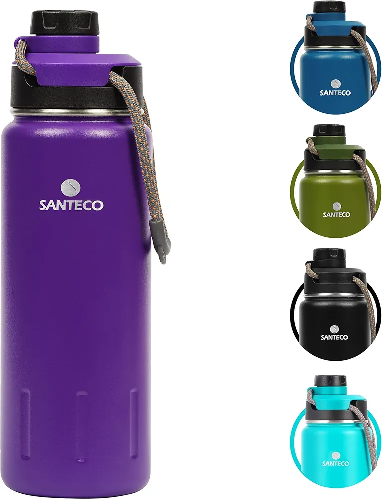 Insulated Water Bottles 24 oz, Santeco Stainless Steel Bottle with Lanyard & Wide Mouth Spout Lid, Leak Proof, Double Wall Vacuum Water Bottle, Keep Drinks Hot & Cold for Hiking Camping