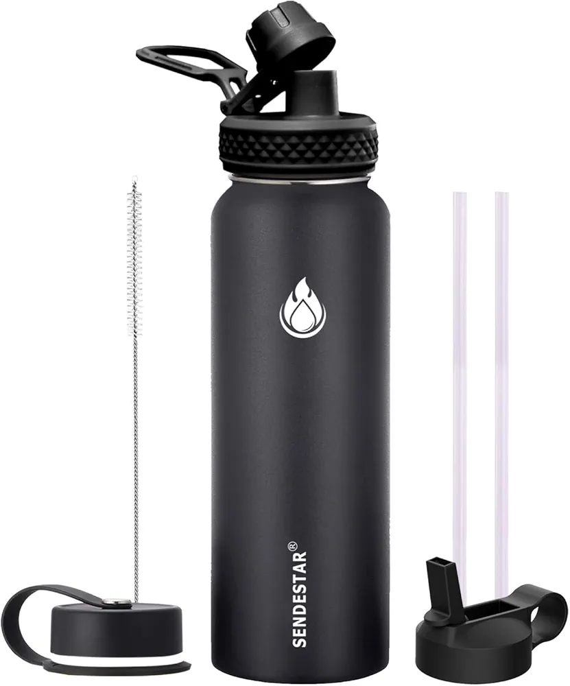 SENDESTAR Stainless Steel Water Bottle, 32 oz water bottle with 3 lids (Straw Lid), Double Wall Vacuum Insulated Leak Proof, Wide Mouth Water bottle