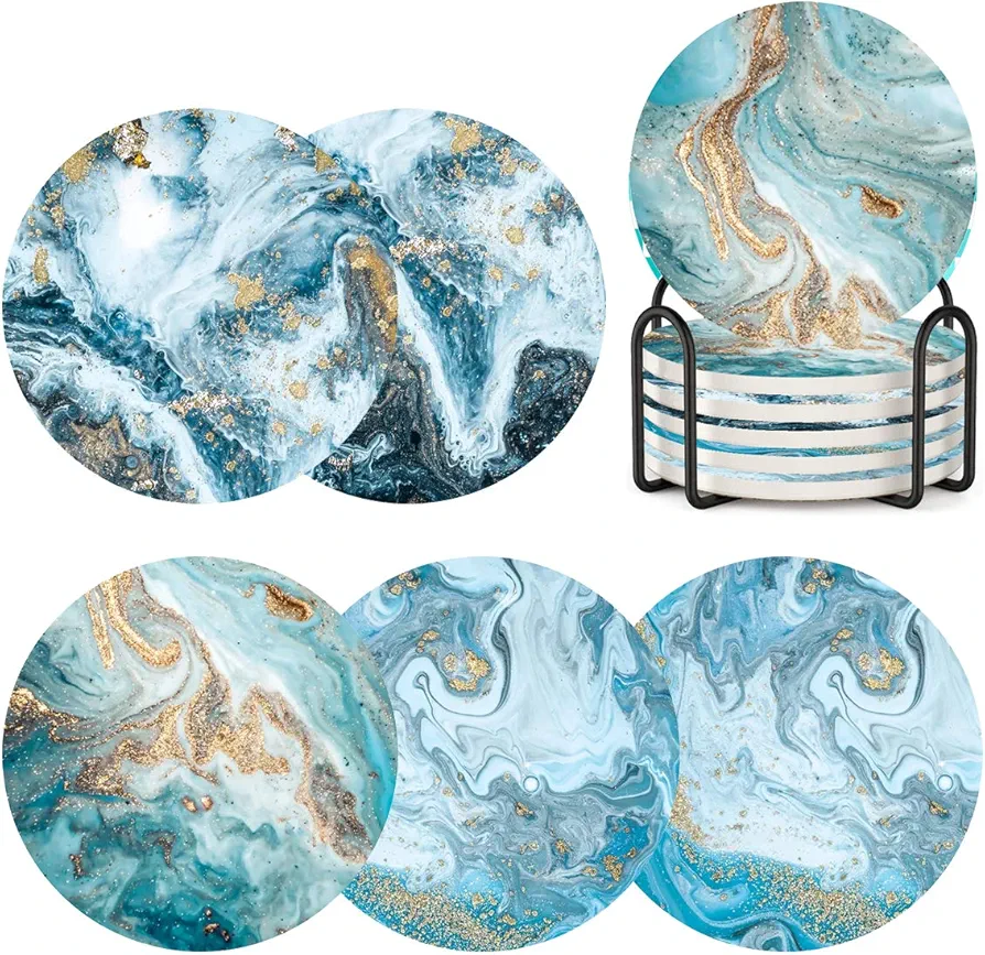 Coasters for Drinks with Holder Set of 6,Marble Blue Ocean Style Absorbent Ceramic Coasters with Cork Base,No Scratched and Soiled