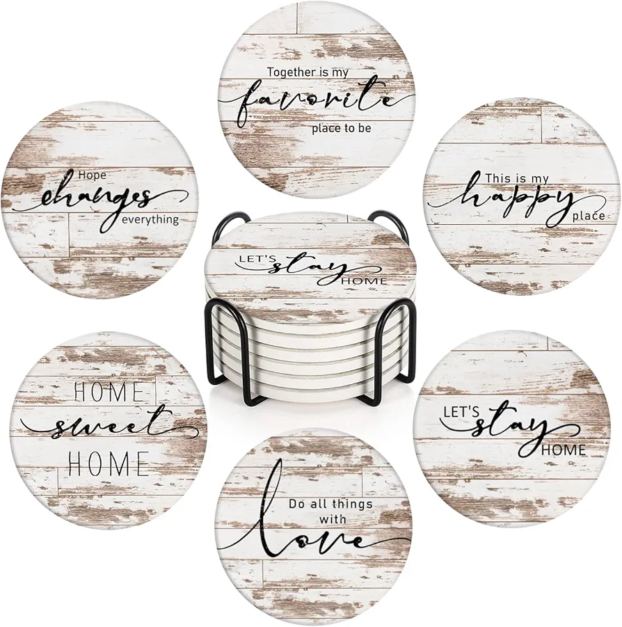 Coasters for Drinks Set of 6, Vintage Rusty Wood Farmhouse Home Happy Saying Absorbent Round Ceramic Stone Mat, with Cork Base and Metal Holder, Gift for Housewarming Room Bar Decor