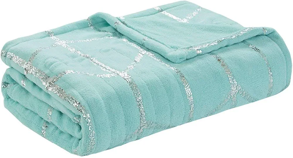 Sleep Philosophy True North Raina Electric Blanket Plush Throws-Low EMF- 50" x 60"- Metallic Geometric Print Cozy Soft-3-Setting Heat Controller, 50" x 60", Aqua