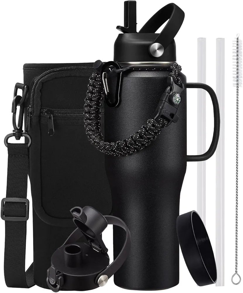 32oz 40oz Insulated Tumbler with Handle - Straw & Auto Spout Lid, Protective Boot, Stainless Steel Water Bottle with Carrier Bag, Leak-proof Coffee Tumbler, Water Flask Fit in Car Cup Holder