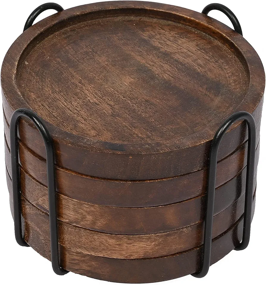 SAMHITA Mango Wood Coasters for Drinks with Iron Holder Stand Set of 5 for Countertop and Surfaces from Water Marks or Damage (4.5 x 4.5 x 0.5)