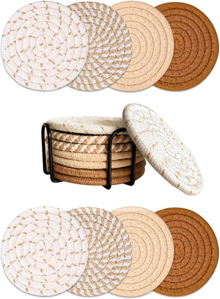 Drink Coasters with Holder, 4 Colors Absorbent Coasters for Drinks, Boho Coasters Cup Coasters Cotton Woven Set Coasters for Coffee Table Home Decor Tabletop Protection