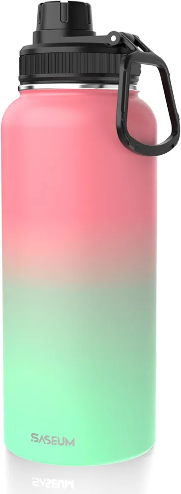 Insulated Stainless Steel Water Bottles 32oz with Spout Lids Metal Vacuum Thermal Large Water Jug Leak-proof Reusable Flask for Sports Gym and Travel,Pink-Green