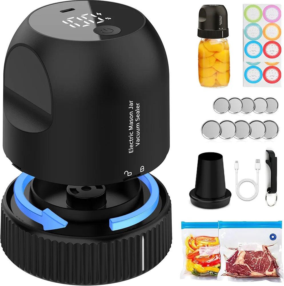 Mason Jar Vacuum Sealer Kit for Mason Jars & Sous Vide Bags, 3 in 1 Electric Jar Sealer for Mason Canning Jars for Wide Mouth & Regular Mouth Mason Jar, Portable Vacuum Seal for Jar Food Storage Black