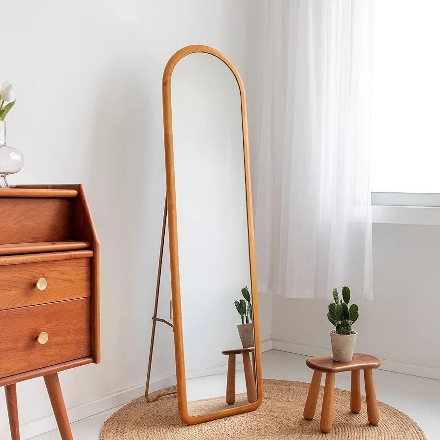 Arched Full Length Mirror with Stand, Fully Assembled Dressing Wall-Mounted Mirror, Floor Mirror Solid Wood Frame, Large Body Mirror for Bedroom, Bathroom, Living Room Decor 60"×16"