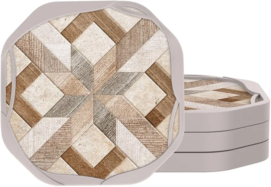 UMIRRO Absorbent Felt Coasters for Drinks with Silicone Case, Rustic Country Farmhouse Cup Coaster Set for Wooden Coffee Table Decor, Boho Tile Design, Brown, 4", 4 Pack