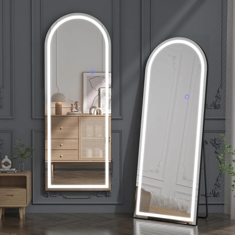 GAOMON Full Length Mirror with Lights, LED Arched Floor Mirror, Standing Lighted Mirror, Full Body Mirror with Aluminum Frame and 3 Color LED, Black, 63"X 20"