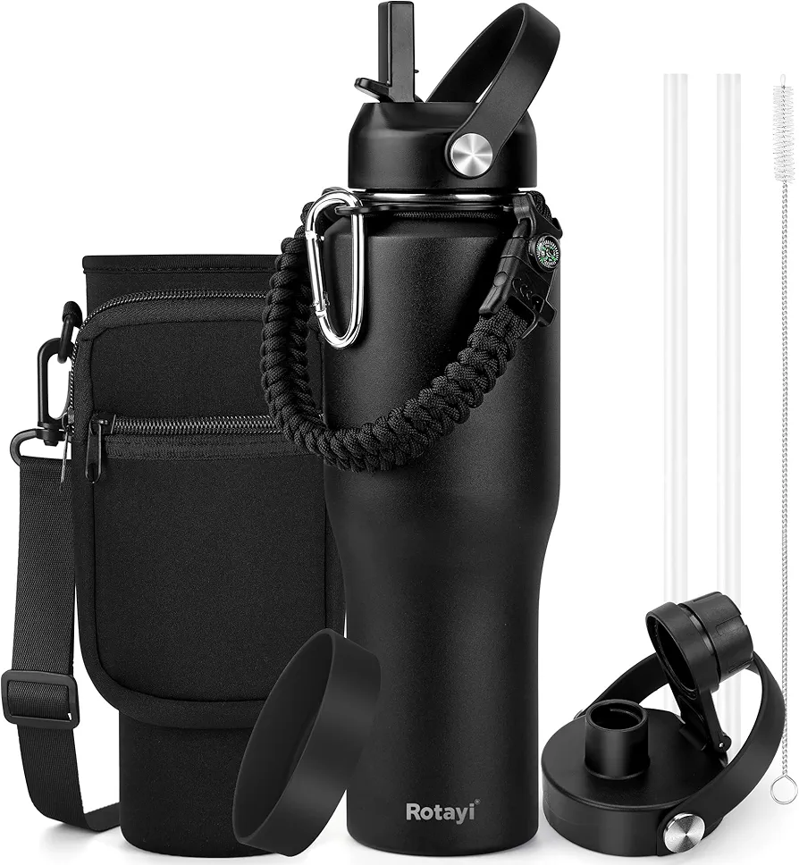 32 oz Water Bottles, Stainless Steel Vacuum Insulated Tumblers Water Flask (Fit in Any Car Cup Holders) with 2 Lids, Paracord Handle & Storage Bag, Protective Boot, Cold for 48 Hrs, Hot for 24 Hrs