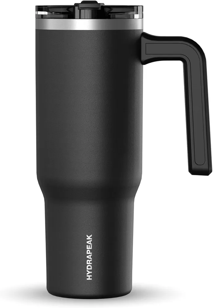 Hydrapeak Voyager 32 oz Tumbler with Handle and Straw Lid | Reusable Stainless Steel Water Bottle Travel Mug Cupholder Friendly | Insulated Cup (Black)