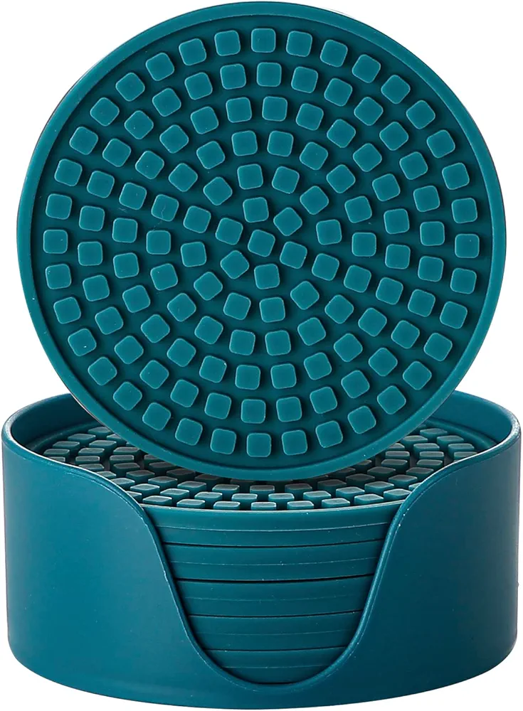 Colinda Silicone Drink Coasters with Holder, Set of 6, for Tabletop Protection and Office Desk, Cup Mat Set for Home Decor, Non-Slip and Non-Stick,Round,4 Inch,Teal