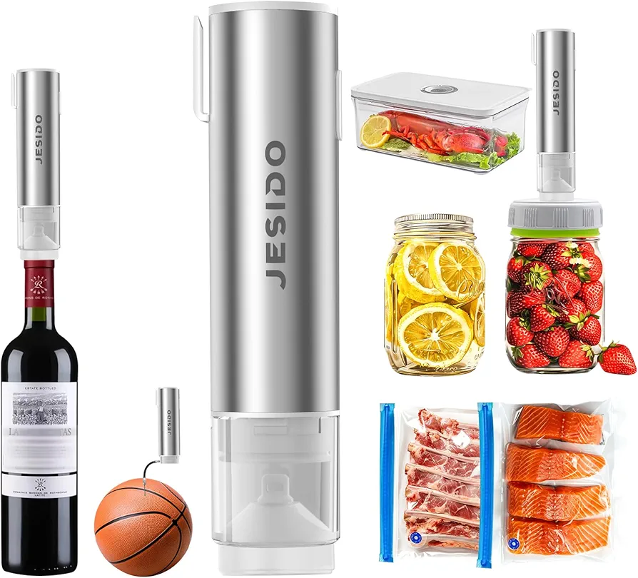 5 in 1 Electric Mason Jar Vacuum Sealer Kit with Wine Stopper and Inflating,1800 mAH Handheld Jar Vacuum Sealer for Mason Jars, Wine Bottles, Sous Vide Bags, Food Storage Containers, Basketball