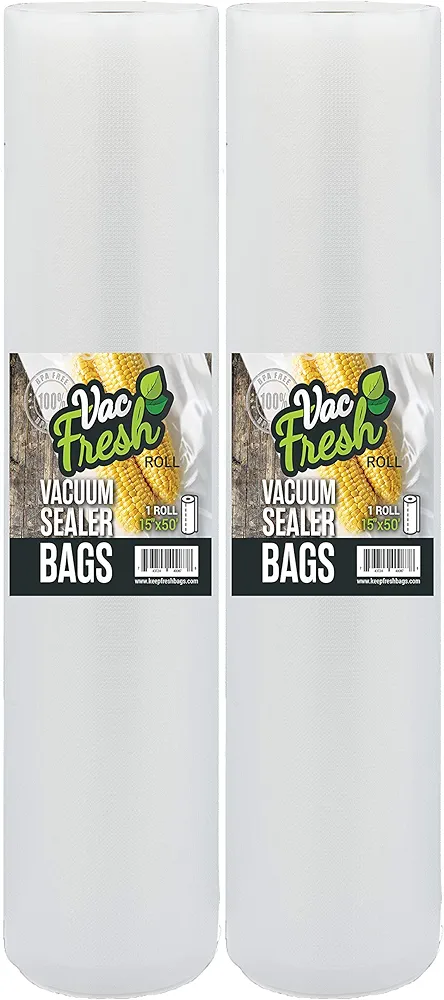 Vac Fresh Vacuum Sealer Roll Bags, 15 inches x 50 feet, 3.5mil Embossed, Vacuum Seal Bags, Food Storage Bags, Meal Prep, Marinating, Sous Vide, Vacuum Sealing Storage Bags, 2 Rolls, 100 Feet Total