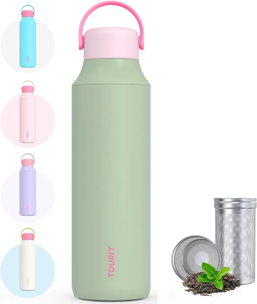 TOURIT 20 oz Insulated Water Bottle, Stainless Steel Water Bottles With Ice Strainer, Double-Wall Thermos Water Bottle, BPA Free Leakproof Thermos Bottle for Sports and Travel, Sage