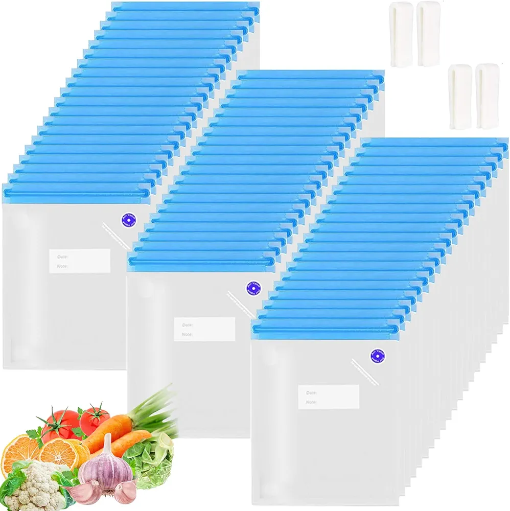 Sous Vide Bags 60pcs Reusable Vacuum Sealer Bags with 4 Sealing Clips, Reusable Vacuum bags for Food Storage and Sous Vide Cooking(10.2x13.4 Inch)