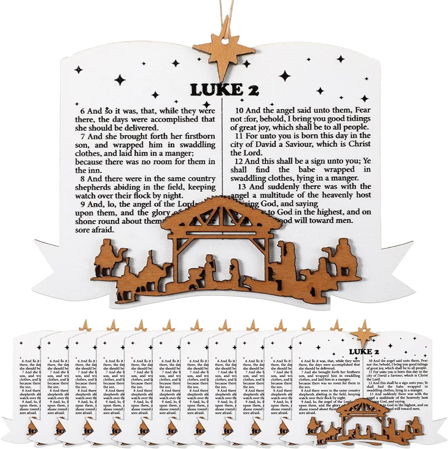12 Pcs Nativity Scene Christmas Tree Ornaments Wooden Christian Xmas Tree Hanging Decoration Bible Verses Ornaments Luke 2 Scripture Nativity Gifts Religious Gift for Church Women Teacher
