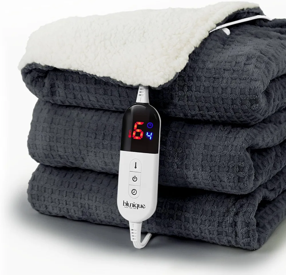 Heated Blanket Electric Throw Waffle, 50x60 Inches Sherpa Fleece Fast Heating Blanket 6 Heating Levels & 4 Hours Auto Off ETL Certification, Charcoal Ash Throw