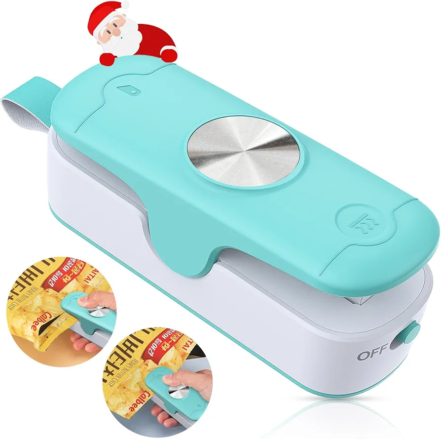 Bag Sealer, Mini Bag Sealer 2 in 1 Heat Sealer with Cutter, Portable Handheld Chip Bag Sealer Bag Resealer Sealing Machine Kitchen Gadget Food Storage, Green/White (Batteries Included)