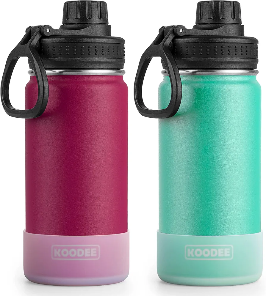 koodee Water Bottle 2 Pack 16 oz Stainless Steel Vacuum Insulated Sports Water Bottle with Spout Lid Leakproof BPA Free (Fuchsia Red-Teal)