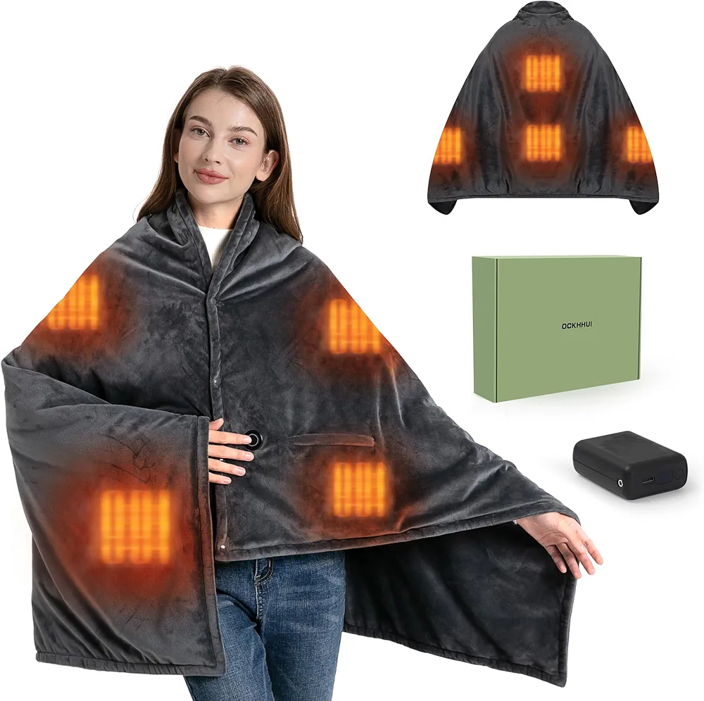 Heated Blanket with 20000mAh Power Bank, 58"X35" Dual-Sided Crystal Velvet, Rapid Heating, 3 Temps, Portable Cordless Heated Throw Shawl for Indoor & Outdoor Comfort (Dark Gray)