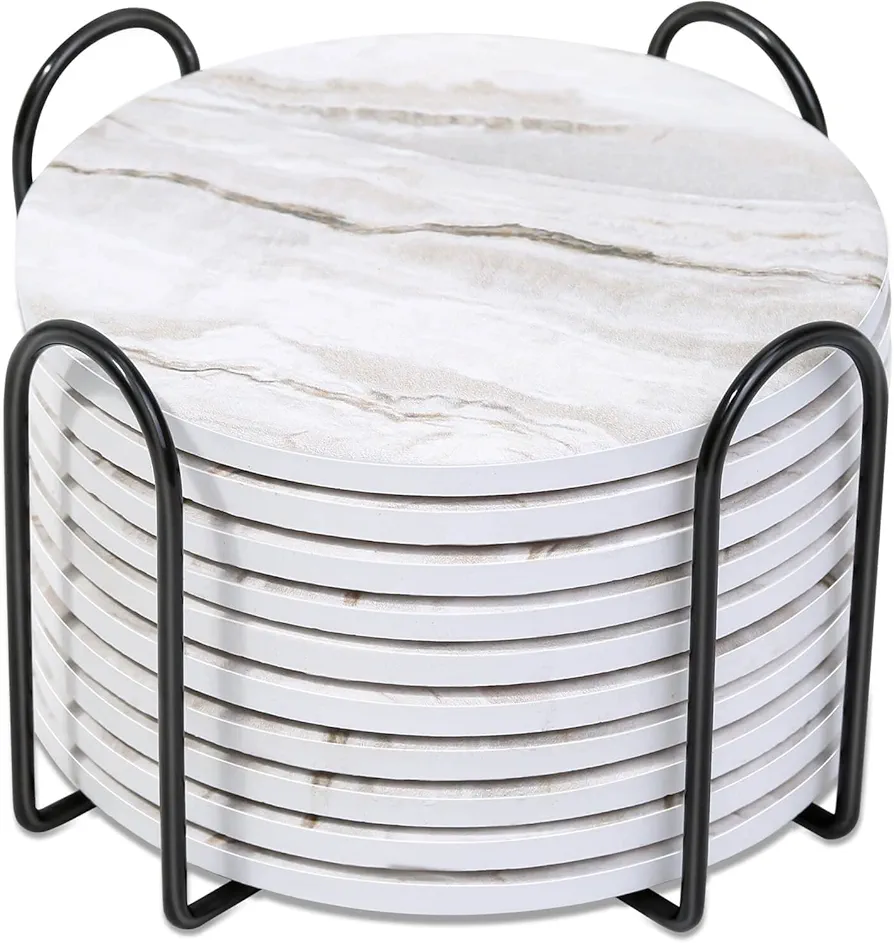 Caffox Absorbent Drink Coasters with Holder, Coasters Set of 10, Marble Style Ceramic Coaster for Wooden Table, Suitable for Kinds of Cups, Home Decor, 4 Inches(Griege)